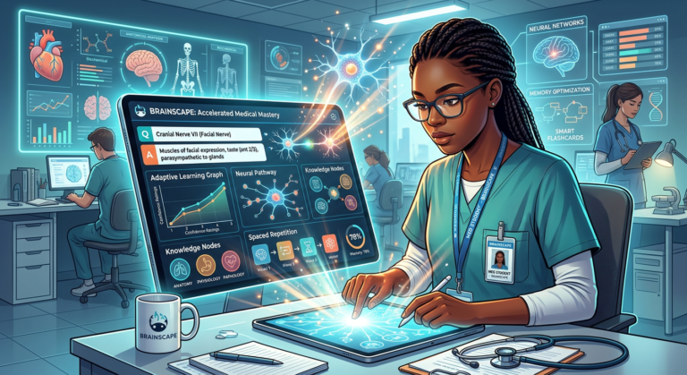 Estudante de medicina utilizando a plataforma Medcards Combo Elite em um tablet, com flashcards interativos e gráficos de repetição espaçada na tela, simbolizando memorização e aprendizado eficiente.