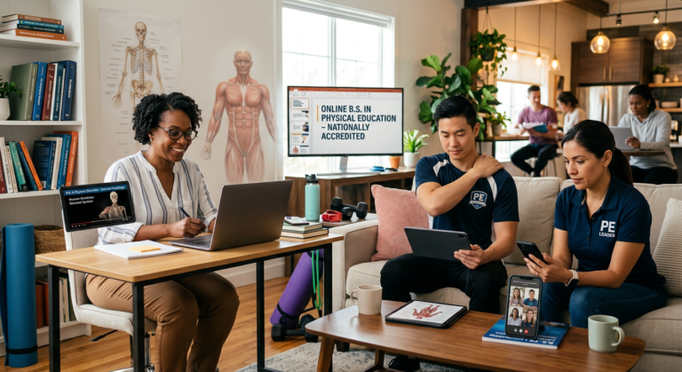 Pessoas diversas estudando Educação Física EAD em laptops e tablets, com elementos de fitness e saúde.