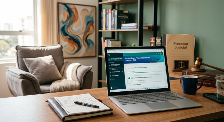 Imagem de laptop com conteúdo de curso de Psicanálise Clínica e Forense online, em ambiente que mescla escritório terapêutico e elementos jurídicos, simbolizando formação profissional e especialização.