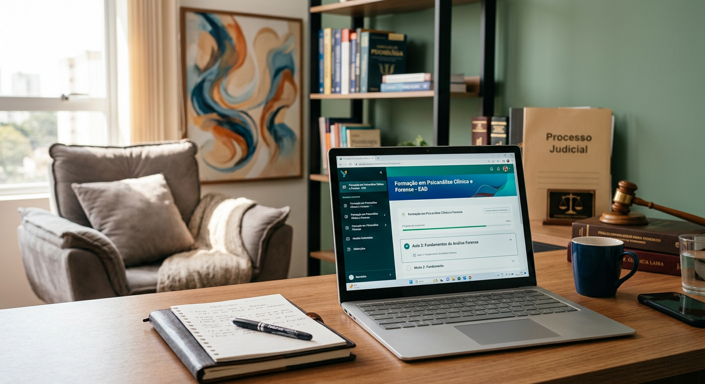 Imagem de laptop com conteúdo de curso de Psicanálise Clínica e Forense online, em ambiente que mescla escritório terapêutico e elementos jurídicos, simbolizando formação profissional e especialização.