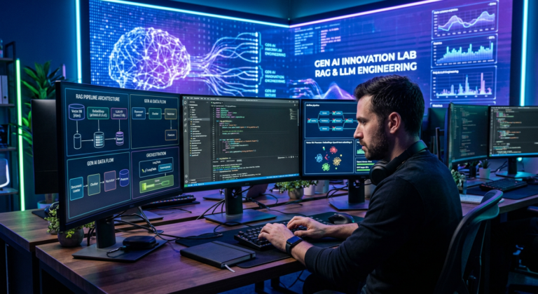 Engenheiro de software trabalhando em um curso online de engenharia de IA generativa, com telas exibindo arquitetura de LLMs e RAG.