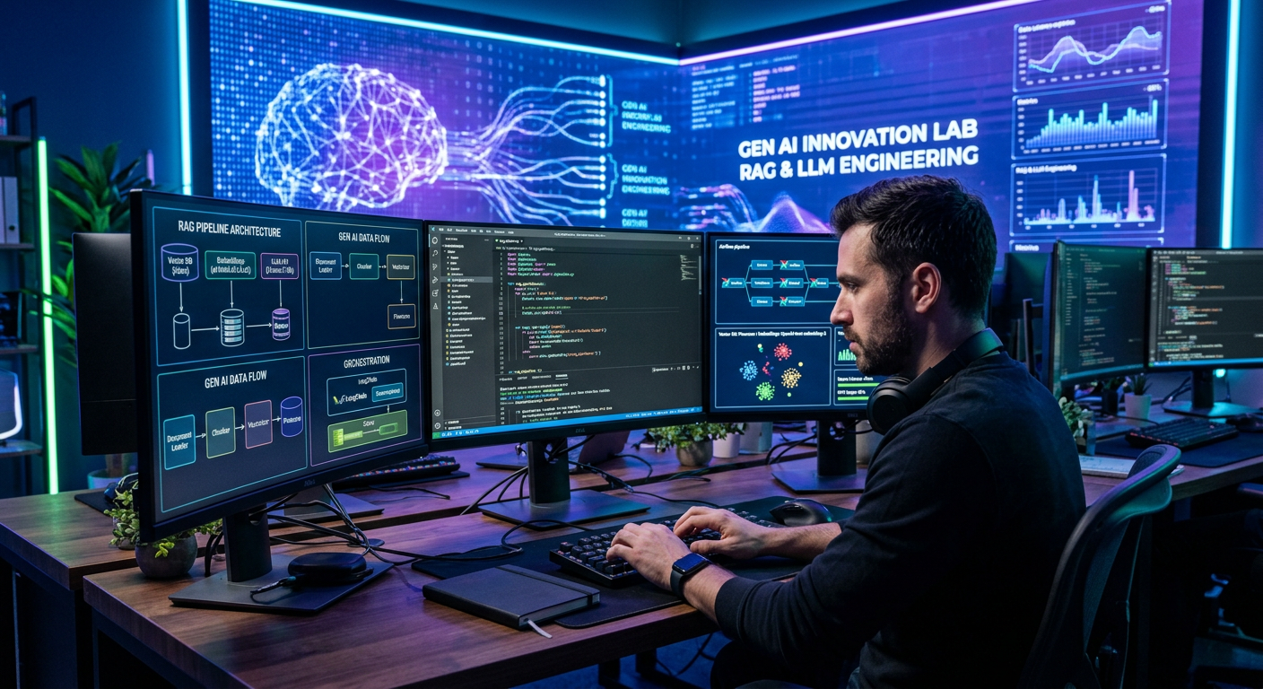 Engenheiro de software trabalhando em um curso online de engenharia de IA generativa, com telas exibindo arquitetura de LLMs e RAG.