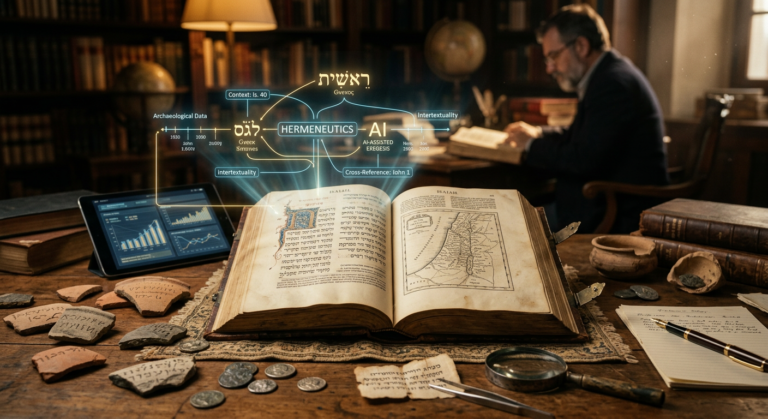 Bíblia aberta com artefatos arqueológicos e projeções digitais de IA, representando o estudo aprofundado da Bíblia Comentada Rodrigo Silva.