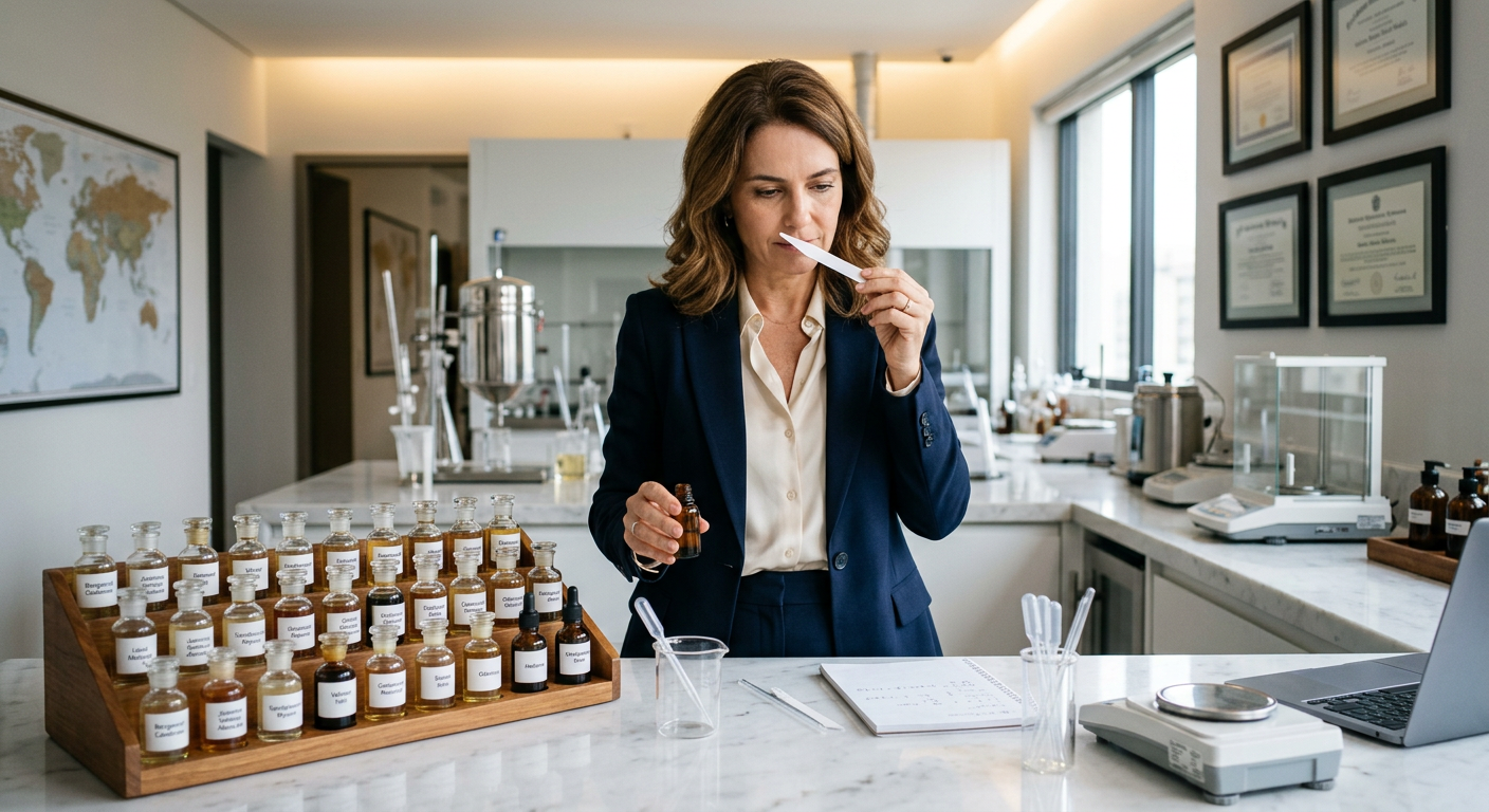 Perfumista Isadora Maria Spinhardi Padula em laboratório com kit olfatório de matérias-primas isoladas para o Curso de Perfumaria Fina Avançado I.