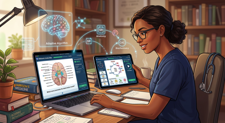 Estudante de medicina usando a plataforma Medcards Combo Elite com flashcards digitais, questões comentadas e tecnologia de repetição espaçada para estudos.