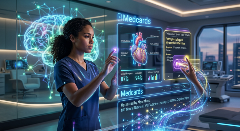 Médico estudante interagindo com uma interface holográfica futurista exibindo flashcards do Medcards Combo Elite, simbolizando memorização otimizada e tecnologia de ponta para sucesso em residência médica e Revalida.