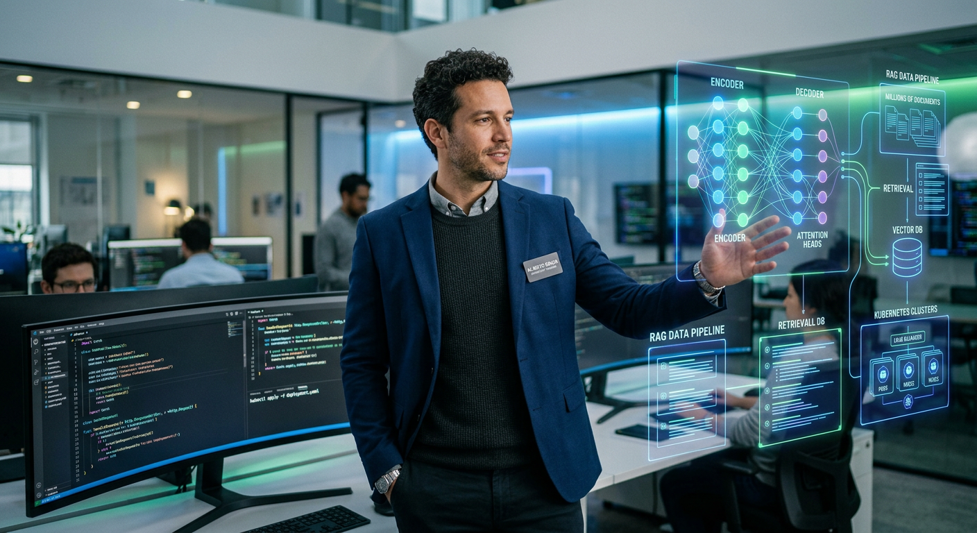 Alberto Souza, engenheiro sênior, em ambiente de engenharia de IA com visualizações de RAG, Kubernetes e código, representando a especialização Dev+Eficiente.