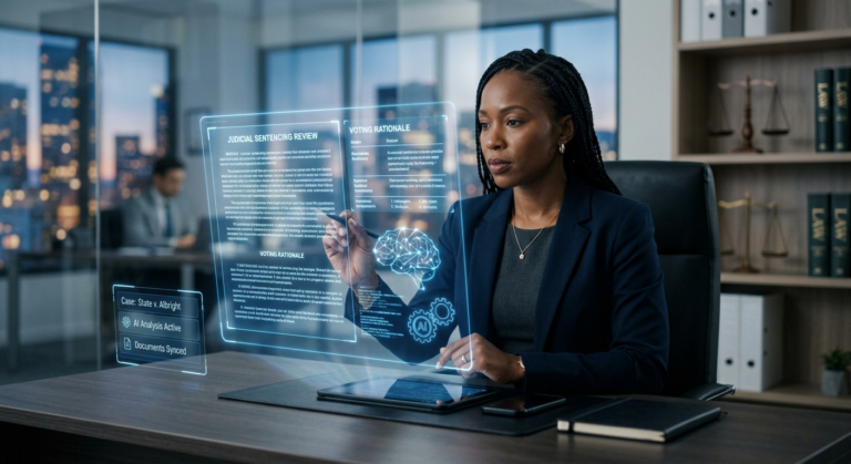 Jurista utilizando ferramentas digitais e inteligência artificial para elaborar sentenças, votos e despachos em uma tela futurista, simbolizando produtividade no meio jurídico.