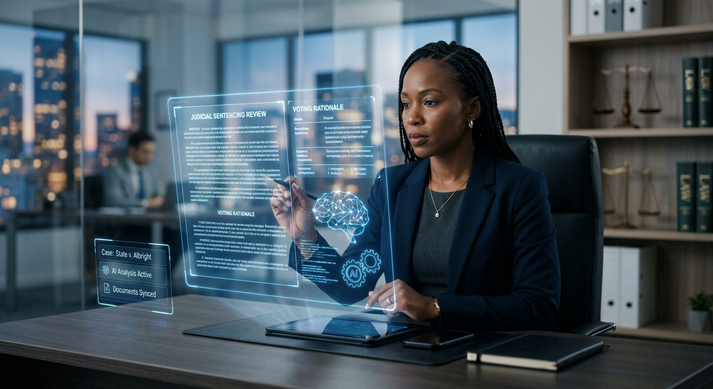 Jurista utilizando ferramentas digitais e inteligência artificial para elaborar sentenças, votos e despachos em uma tela futurista, simbolizando produtividade no meio jurídico.