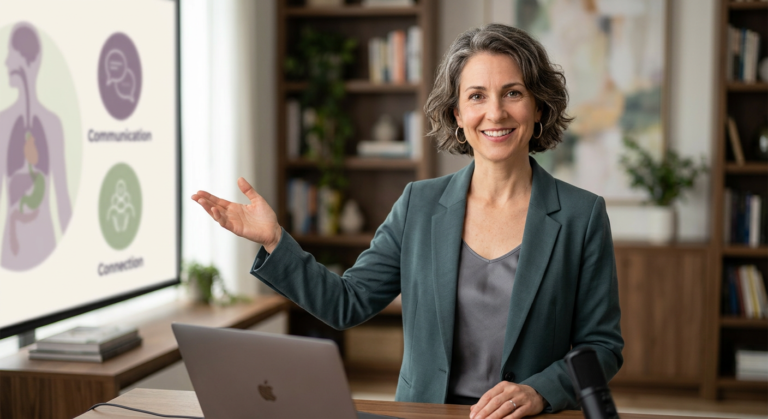 Julia Santos, sexóloga, apresentando seu curso online sobre intimidade, prazer feminino e comunicação para casais.