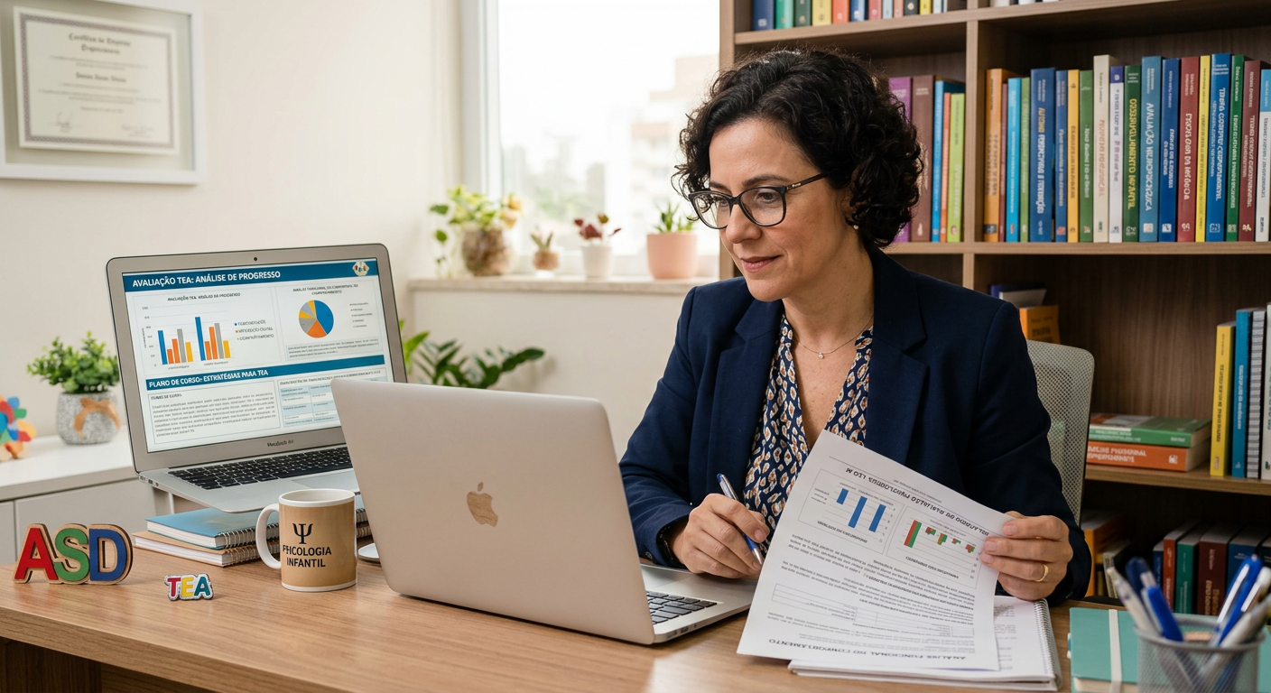 Profissional de saúde analisando ferramentas digitais e documentos para avaliação de TEA em um ambiente de estudo.