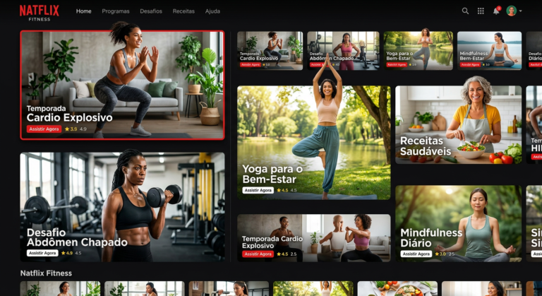 Mulheres diversas treinando em casa e na academia, com interface Natflix Fitness exibindo treinos variados e módulos de bem-estar.