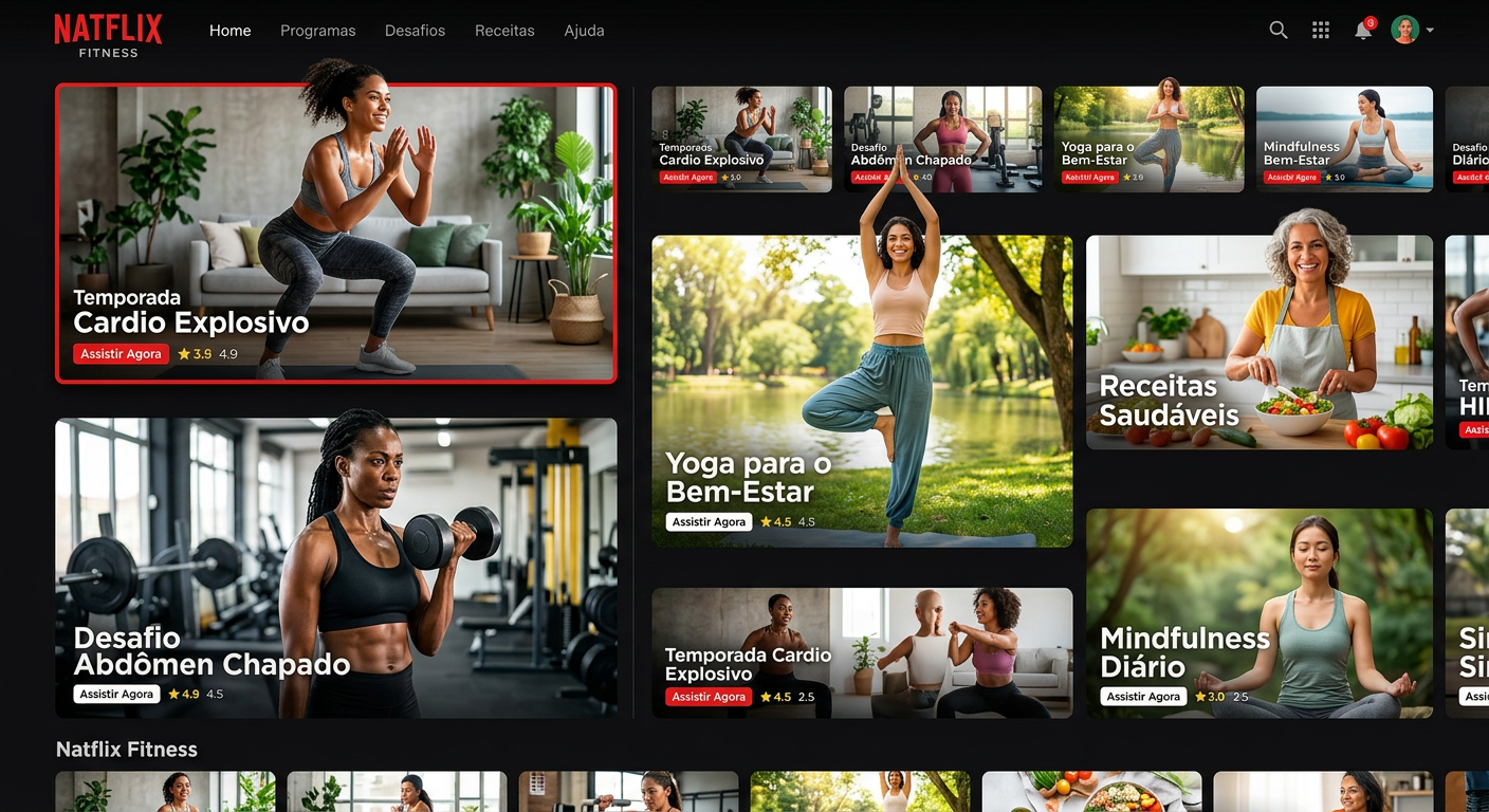 Mulheres diversas treinando em casa e na academia, com interface Natflix Fitness exibindo treinos variados e módulos de bem-estar.