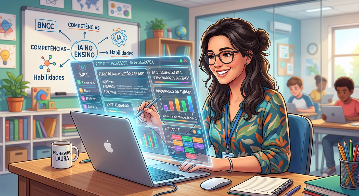 Professora usando a plataforma Skooly, uma ferramenta de IA para criar planos de aula e atividades alinhadas à BNCC em um tablet. O ambiente é uma sala de aula moderna.