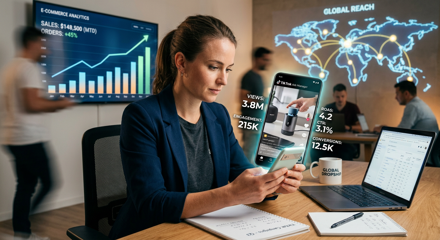 Empreendedor(a) analisando campanha de TikTok Ads em smartphone, representando a estratégia TokShop BR de Jhonatas Silva para dropshipping.