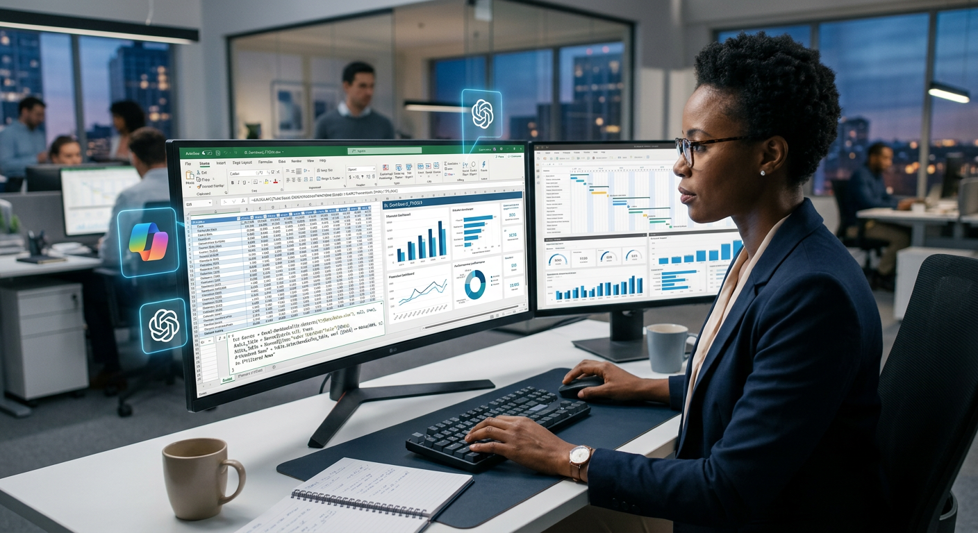 Profissional utilizando Excel avançado com dashboards, Power Query e integração de IA como Copilot.