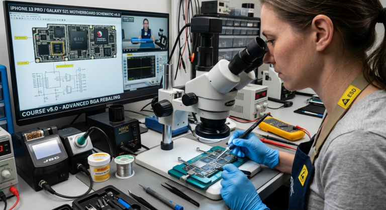 Técnico de manutenção de celular especializado realizando reparo avançado em placa-mãe de smartphone (Android e iPhone) com ferramentas de precisão e microscópio. Imagem ilustra o aprendizado prático do Curso Manutenção de Celular 5.0.