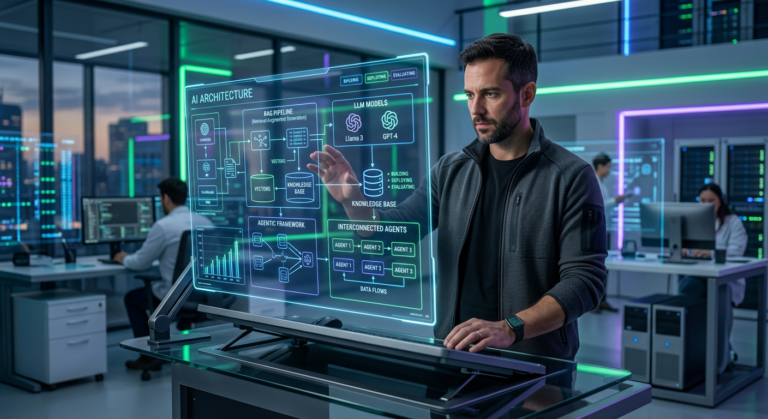 Alberto Luiz em um ambiente de engenharia de IA, focando na construção eficiente de sistemas com LLMs e RAG.