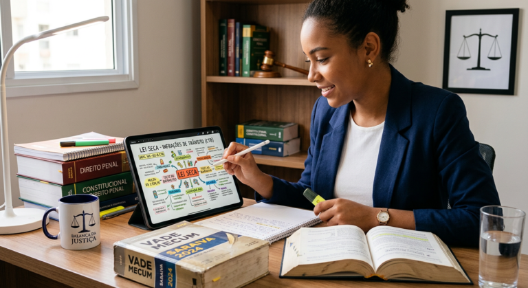 Estudante focado usando tablet com mapas mentais coloridos para memorizar Lei Seca e jurisprudência do Decorando a Lei Seca.