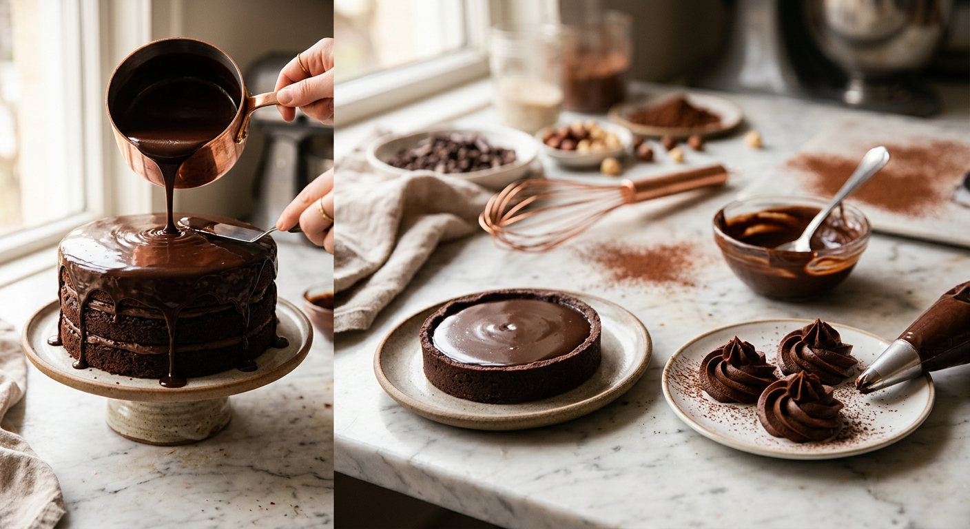 Ganaches de chocolate em diversas texturas e aplicações: cobertura de bolo, rosetas e recheio de tartelete, em fotografia de alta qualidade.