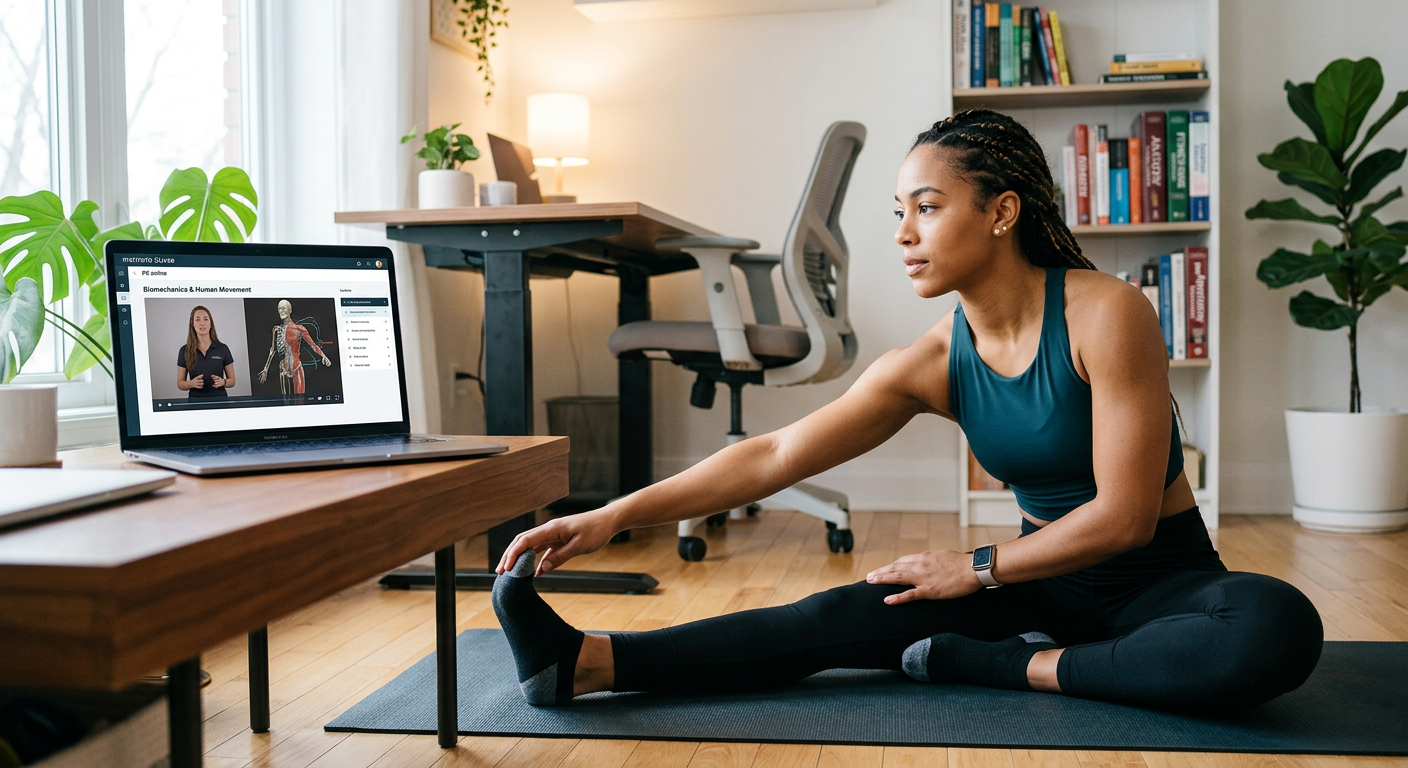 Mulher estudando Educação Física EAD no laptop enquanto se alonga em casa, simbolizando a flexibilidade e disciplina do curso do Instituto Óliver.