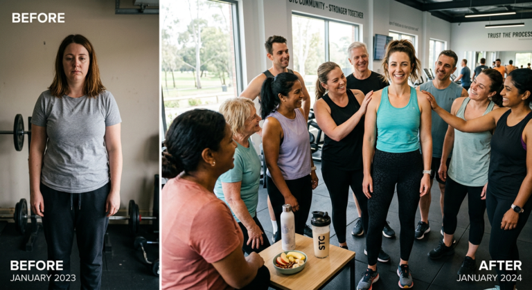 Imagem de antes e depois de uma pessoa que emagreceu visivelmente, sorrindo e confiante, cercada por um grupo de apoio do STC, simbolizando a transformação corporal e um estilo de vida saudável.