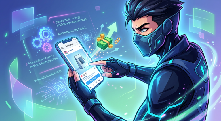 Ilustração de um ninja moderno manipulando um smartphone com o app do Instagram, simbolizando a automação inteligente de interações e vendas rápidas na plataforma.