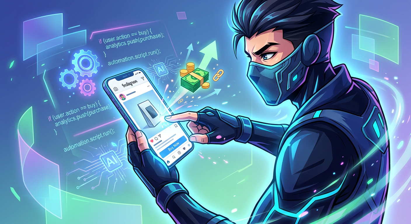Ilustração de um ninja moderno manipulando um smartphone com o app do Instagram, simbolizando a automação inteligente de interações e vendas rápidas na plataforma.