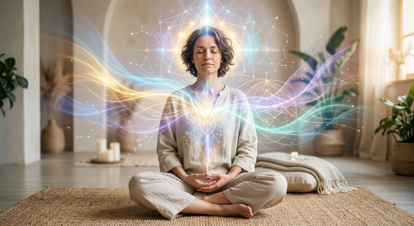 Pessoa em meditação profunda com uma aura de luz dourada e azul emanando da cabeça e do coração, simbolizando o despertar da consciência e a iluminação espiritual.