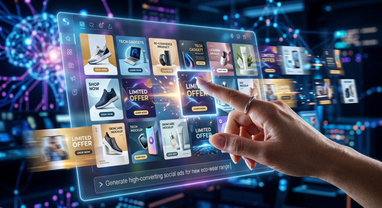 Mão humana interagindo com interface digital, gerando rapidamente diversas artes comerciais de alta conversão usando IA.