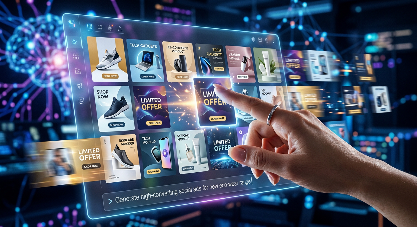 Mão humana interagindo com interface digital, gerando rapidamente diversas artes comerciais de alta conversão usando IA.