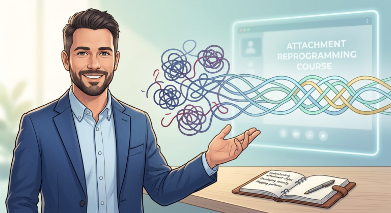 Psicólogo Mateus José, um homem com expressão serena e profissional, ao lado de uma metáfora visual de reprogramação de apego, onde fios emaranhados se transformam em conexões seguras e harmoniosas, simbolizando o Desafio 21 Dias.