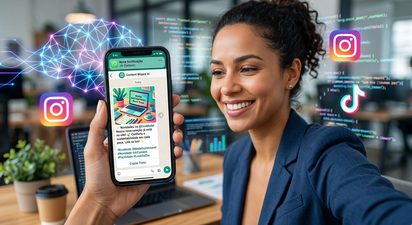Empreendedor feliz recebendo posts diários personalizados de redes sociais via WhatsApp do ZapPost, com IA ao fundo e ícones de Instagram/TikTok.