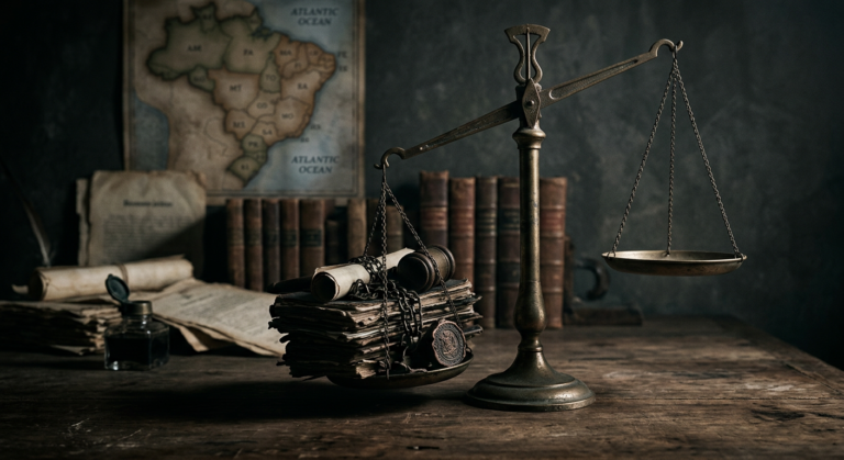 Balança da justiça em desequilíbrio, com documentos jurídicos e mapa do Brasil ao fundo, simbolizando a impunidade no sistema legal brasileiro.