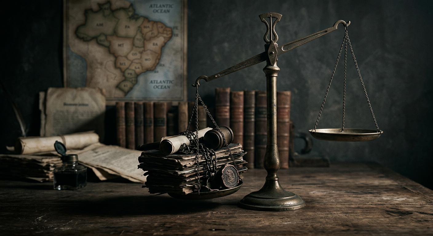 Balança da justiça em desequilíbrio, com documentos jurídicos e mapa do Brasil ao fundo, simbolizando a impunidade no sistema legal brasileiro.