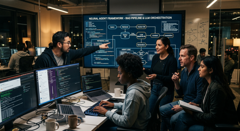 Engenheiros de IA colaborando em telas com código e diagramas complexos de arquitetura RAG e LLM, simbolizando a especialização em engenharia de IA.