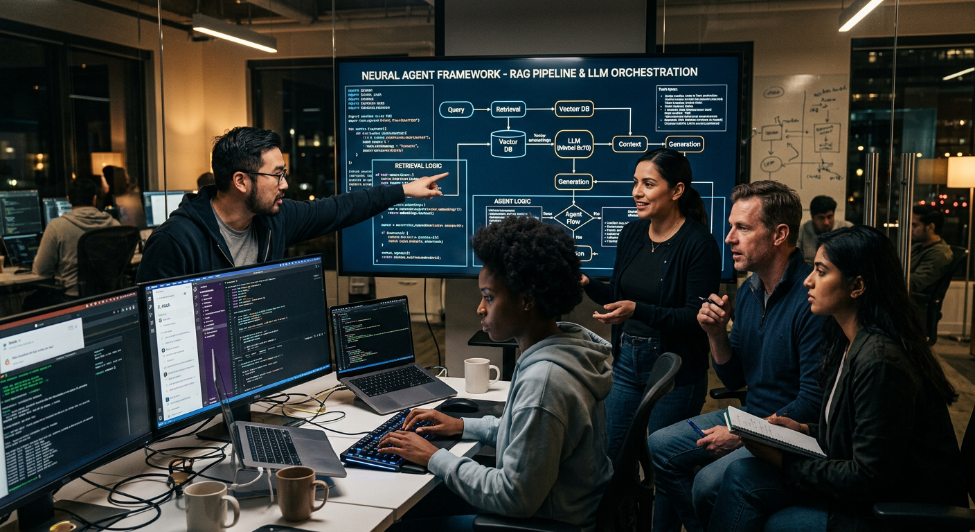 Engenheiros de IA colaborando em telas com código e diagramas complexos de arquitetura RAG e LLM, simbolizando a especialização em engenharia de IA.