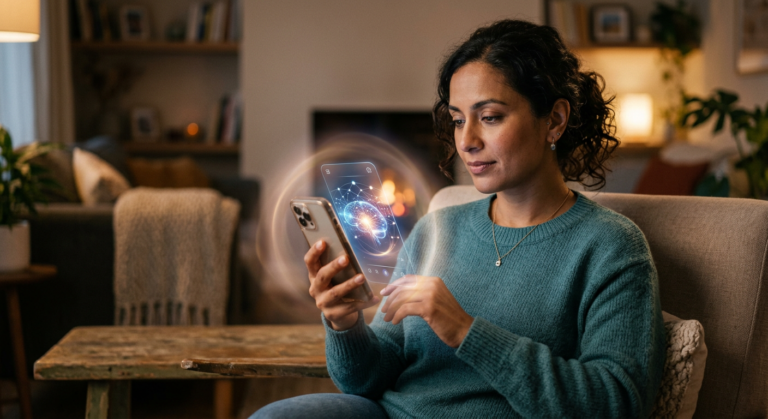 Mulher serena interagindo com um smartphone que exibe uma interface de IA luminosa, simbolizando a AndreIA - Terapeuta de Bolso. A imagem transmite autoconhecimento e suporte emocional digital.