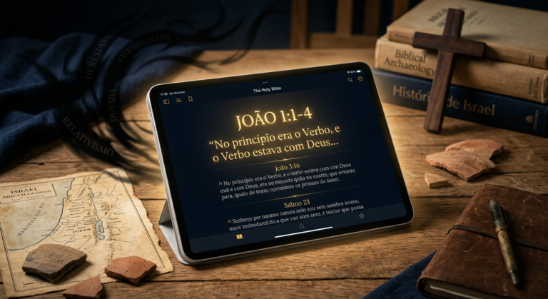 Smartphone exibindo o ebook 'Onde está na Bíblia' com versículos destacados, com elementos de arqueologia e um crucifixo ao fundo, representando a defesa da fé católica contra heresias modernas.