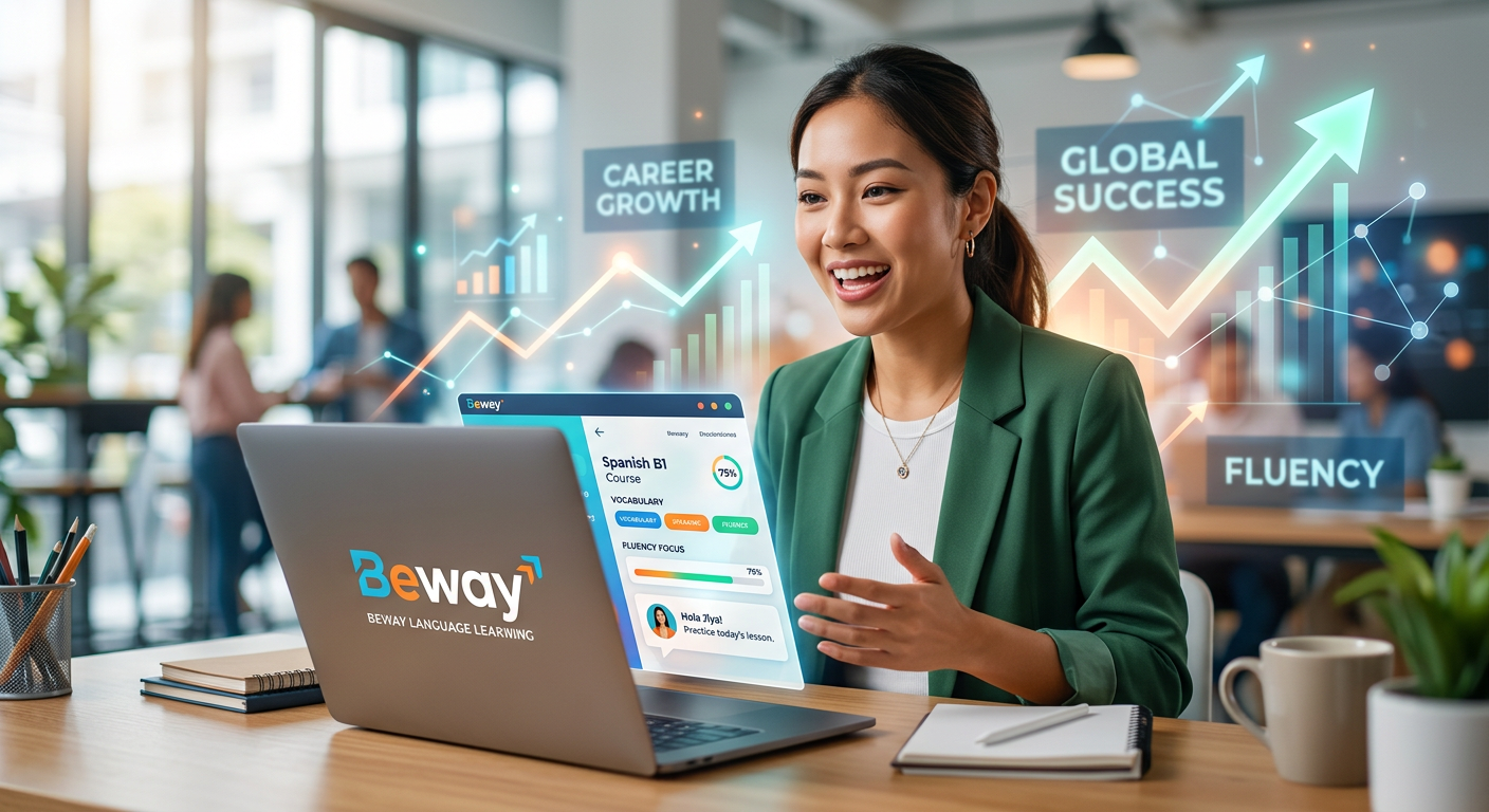 Pessoa sorridente e confiante falando inglês, utilizando um tablet com a plataforma Beway Idiomas de Jonas, com elementos gráficos de crescimento profissional e sucesso ao fundo, simbolizando fluência e aumento de salário.