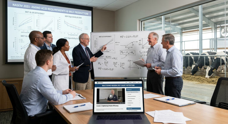 Cientistas de nutrição de bovinos leiteiros revisando o relatório NASEM 2021 em um curso online, com vacas leiteiras ao fundo.