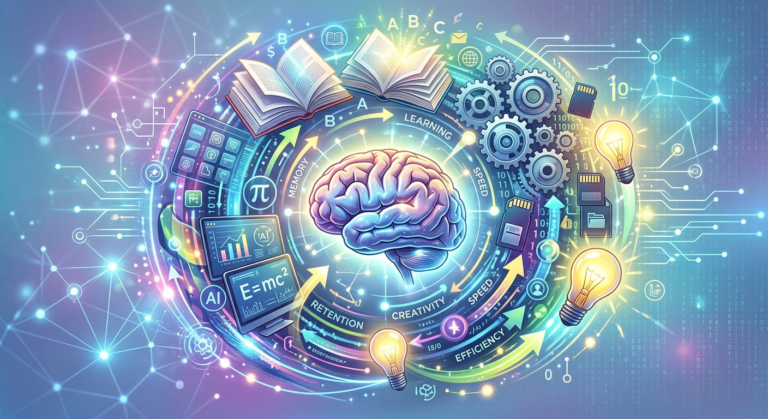 Ilustração conceitual de um cérebro humano rodeado por elementos de conhecimento como livros, engrenagens e dados digitais em um fluxo 360, representando o método Memória 360 para aprendizado e memorização.