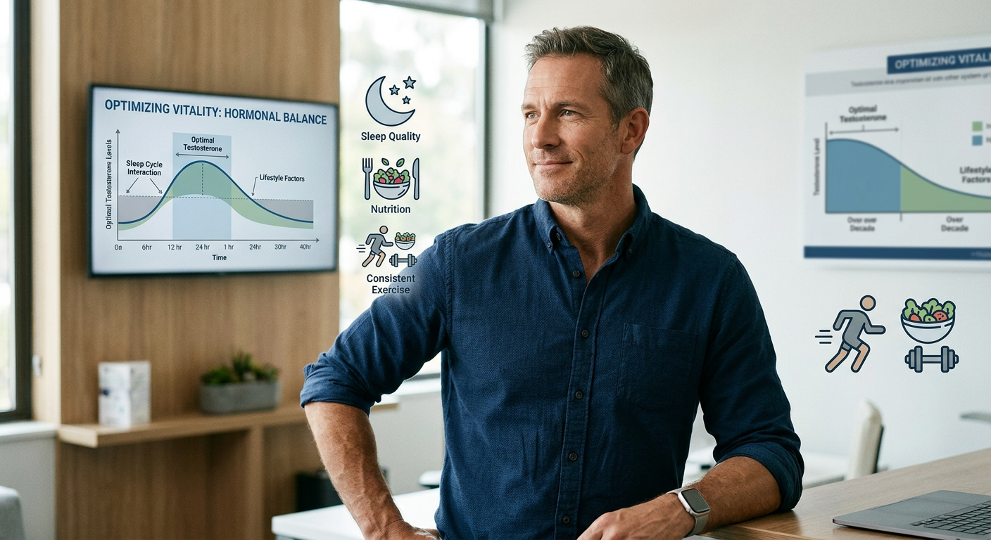Homem de meia-idade com expressão focada e vitalidade, representando os resultados de otimização hormonal e saúde masculina do Clube da Testo.