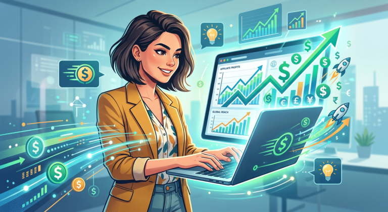 Digital illustration showing a confident woman on a laptop, surrounded by rapidly multiplying dollar signs and upward trending graphs, symbolizing fast affiliate marketing earnings and online financial success with Taynã Gauche.
