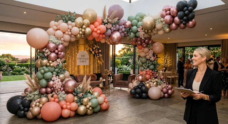 Grandiosa escultura orgânica de balões de luxo em um evento sofisticado, exibindo design profissional e paleta de cores moderna. Imagem que simboliza sucesso no empreendedorismo de eventos.