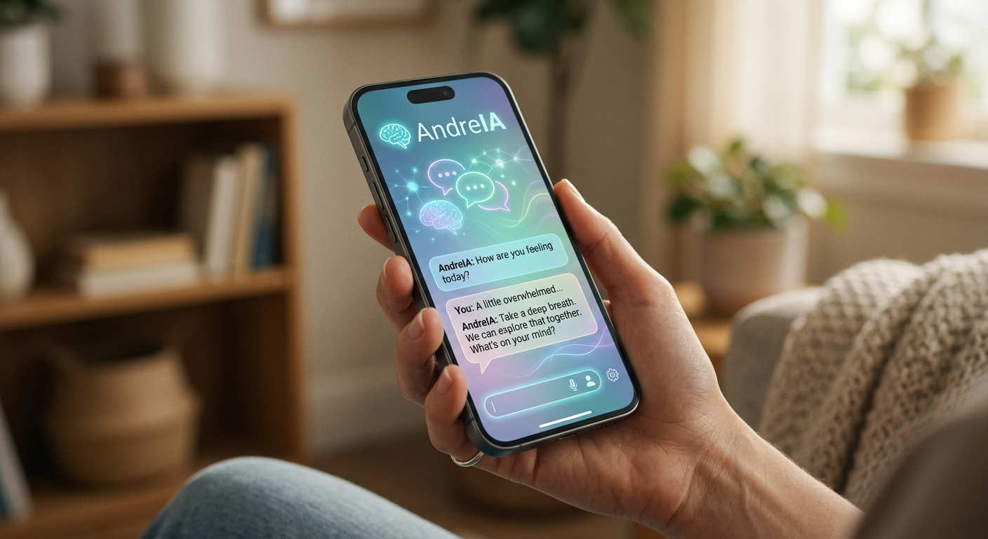 Mão segurando um smartphone com a interface digital da AndreIA, o terapeuta de bolso de inteligência artificial, oferecendo suporte para autoconhecimento e bem-estar emocional 24/7.