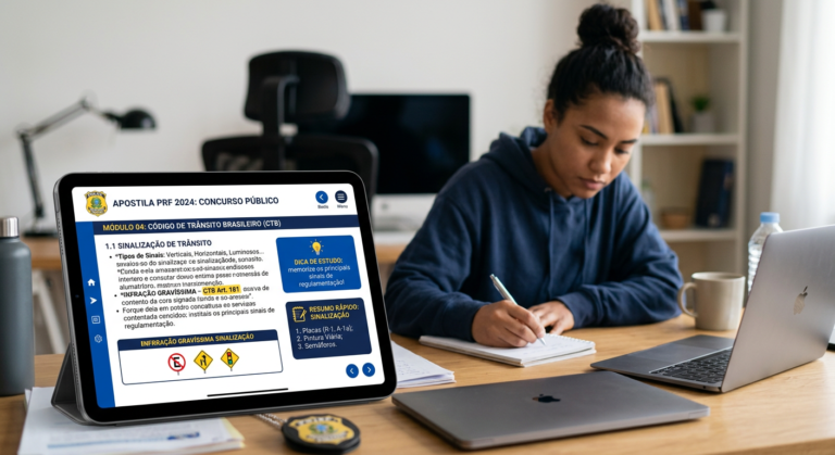 Apostila digital da PRF atualizada aberta em um tablet, com conteúdo teórico e dicas de estudo, e um estudante focado ao fundo.