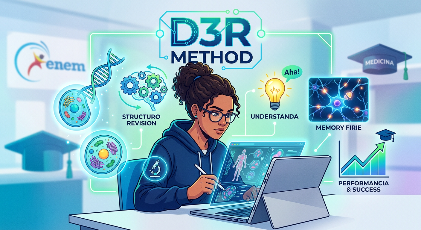 Estudante focado utilizando o Método D3R do BIOATP para Biologia do ENEM, com elementos visuais de memorização, planejamento e sucesso.