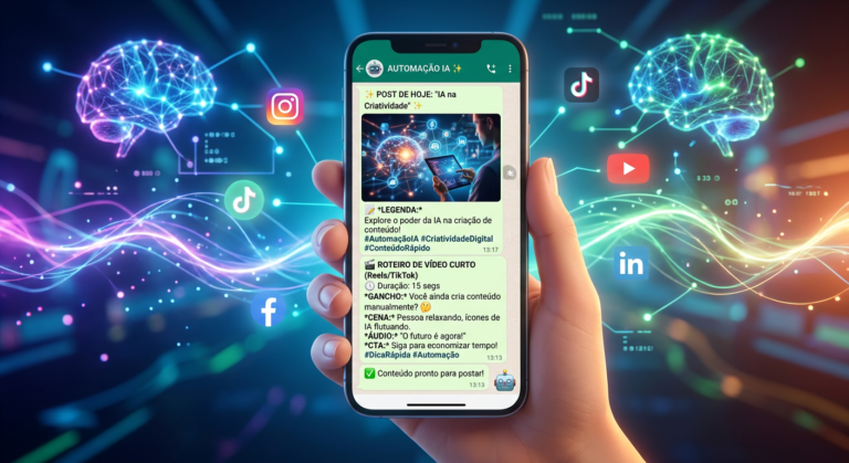 Smartphone com tela do WhatsApp exibindo posts prontos para redes sociais e roteiros de vídeos, gerados por inteligência artificial. Fundo abstrato com elementos de IA e ícones de redes sociais, simbolizando automação e facilidade na criação de conteúdo digital com ZAPPOST.
