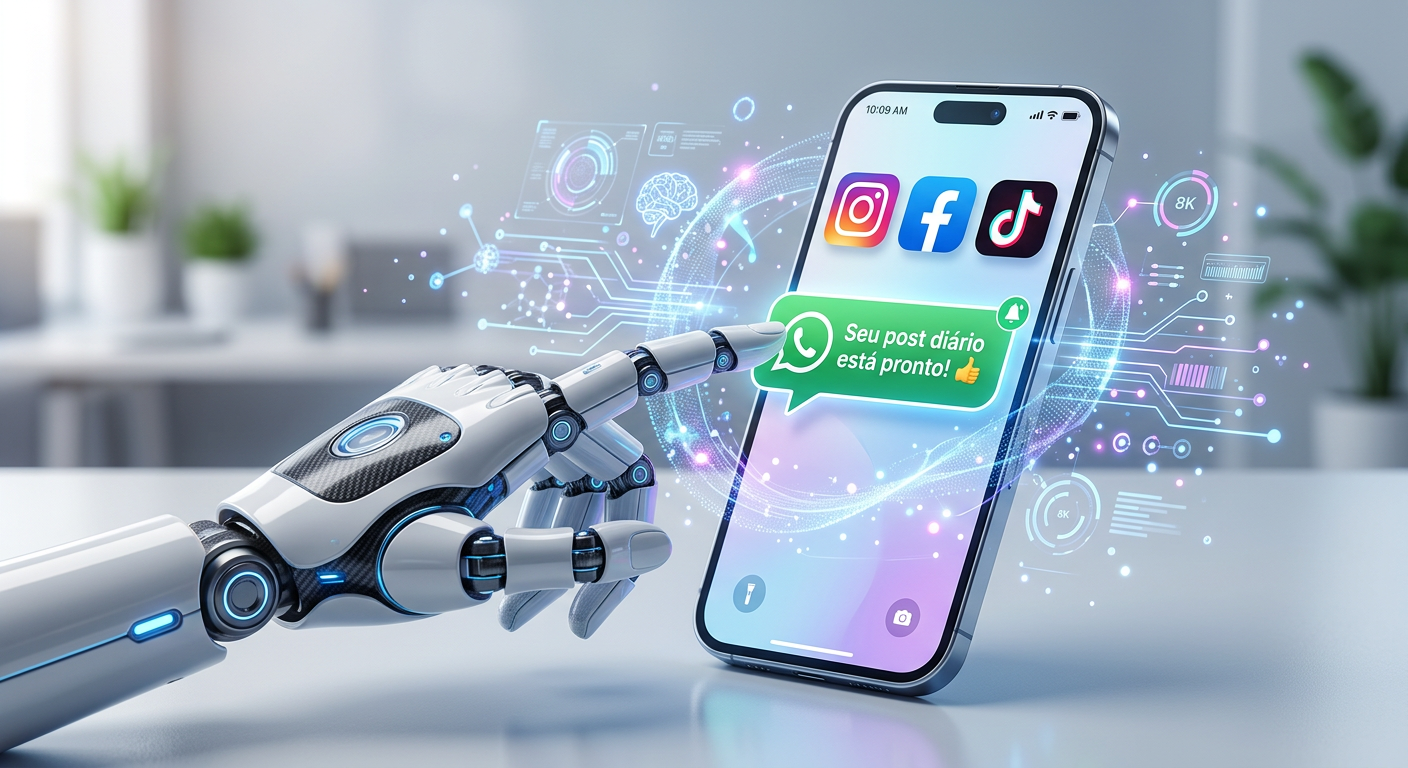 Mão robótica interagindo com smartphone, mostrando posts de redes sociais e notificação de WhatsApp, simbolizando automação de conteúdo diário por IA.